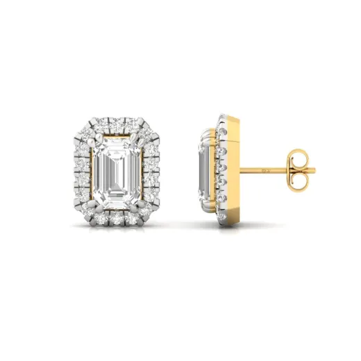 Emerald Cut Halo Diamond Stud Earrings