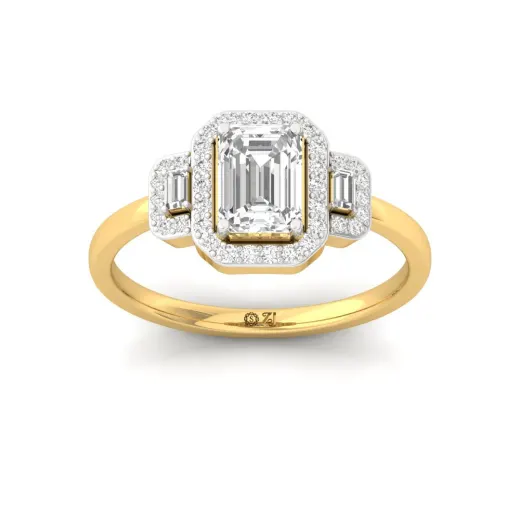 Emerald And Round And Baguette Cut Halo Engagement Ring