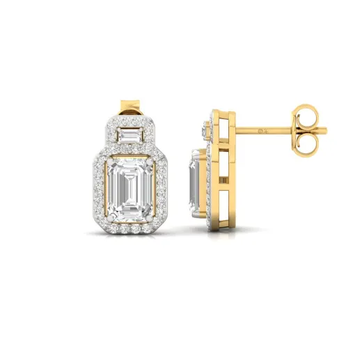 Emerald Cut Diamond Halo Stud Earrings (1 Pair)