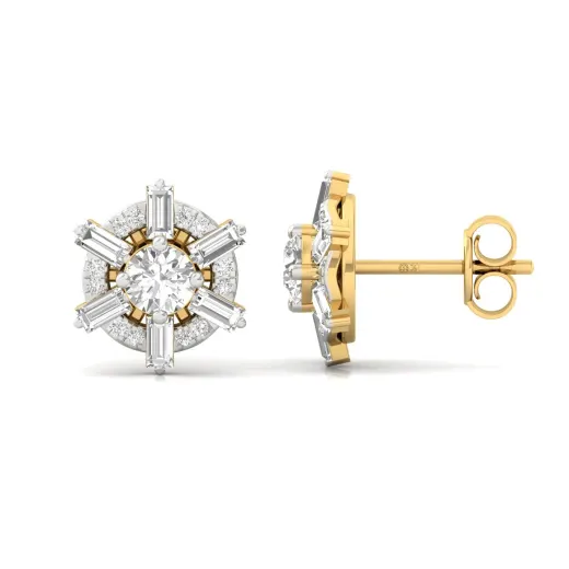Round & Baguette Diamond Halo Stud Earrings (1 Pair)