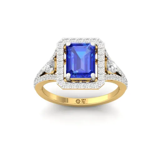 Emerald Cut Blue stone Sapphire Diamond Halo Engagement Ring