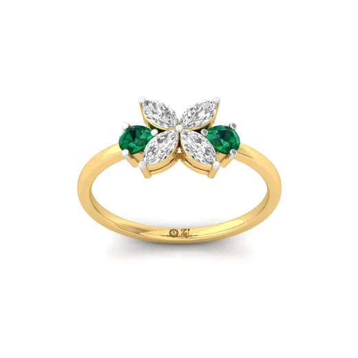 Pear & Marquise Cut Diamond Floral Ring with Emerald Accents