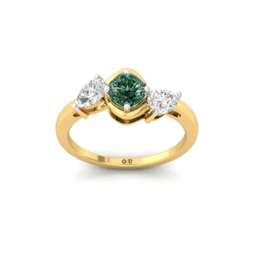 Cushion Square Green Diamond Three Stone Engagement Ring