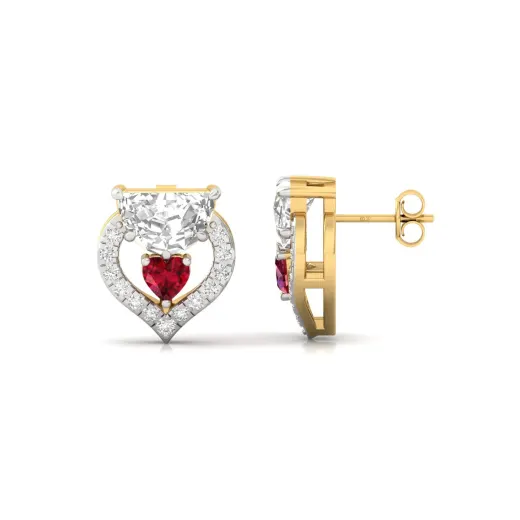 Half Moon & Heart Diamond Earrings with Ruby Accent