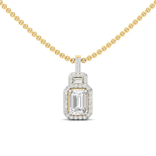 Emerald Cut Diamond Pendant with Halo & Baguette Accents (Without Chain)
