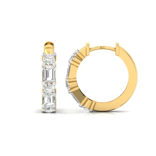 Emerald & Round Cut Diamond Hoop Earrings (1 Pair)