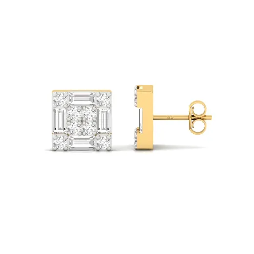 Baguette & Round Cut Diamond Square Stud Earrings (1 Pair)