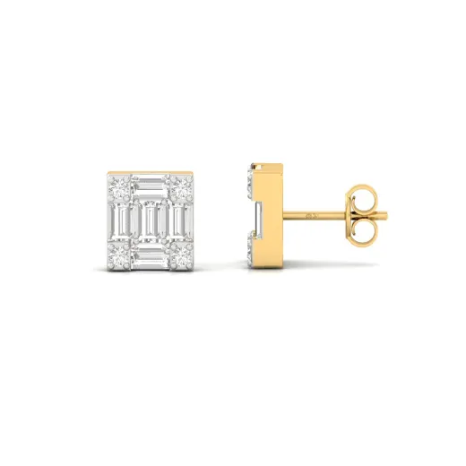 Baguette & Round Cut Diamond Square Stud Earrings (1 Pair)