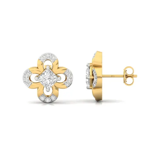Princess & Round Cut Diamond Floral Stud Earrings (1 Pair)