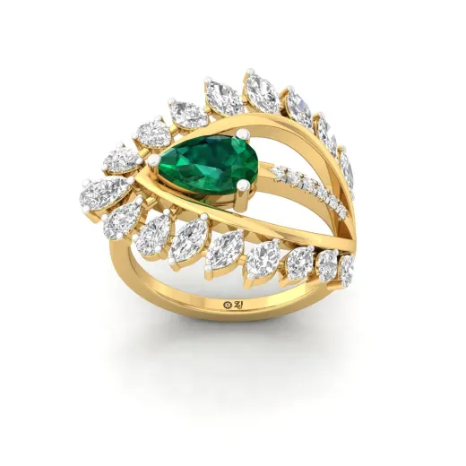 Pear & Marquise Cluster Diamond Ring with Green Center Stone